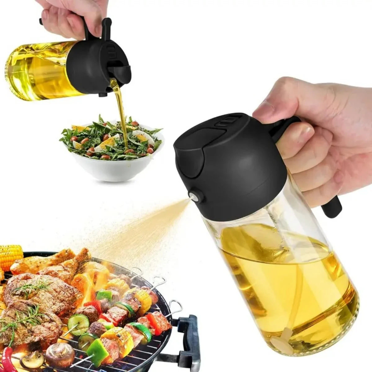 2-in-1 Glass Oil Sprayer & Dispenser, 470ml Dual-Use Olive Oil Bottle for Kitchen, BBQ, and Salad Deals 4 U   Deals 4 U