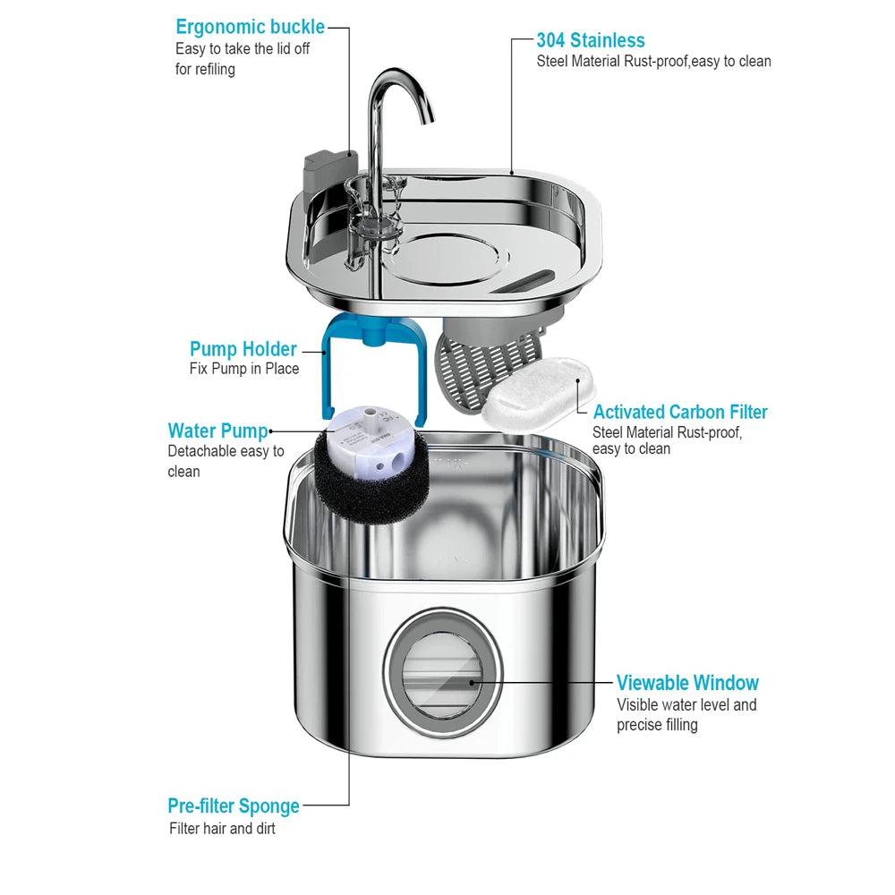 ZYFeeder 2.2L Automatic Cat Water Fountain Square Stainless Steel Pet Water Feeder Dog Water Fountain with window（No 5V 1A Plug） Deals 4 U   Deals 4 U