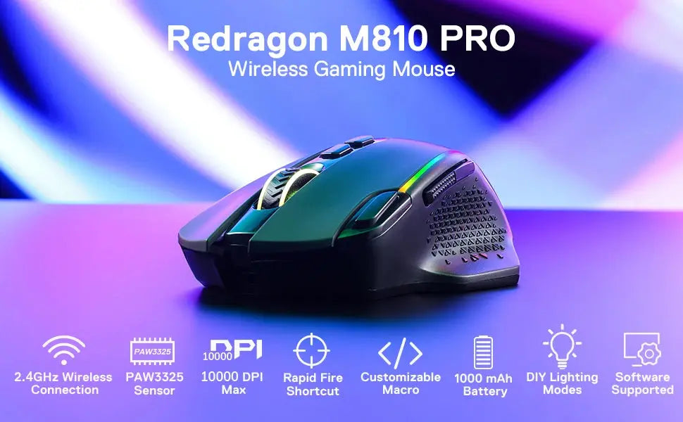 Redragon M810 Pro Wireless Gaming Mouse, 10000 DPI Wired Gamer Mouse w/ Rapid Fire Key, 8 Macro Buttons, Black/White Mouse Deals 4 U  Gaming Accessories Deals 4 U