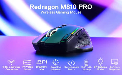 Redragon M810 Pro Wireless Gaming Mouse, 10000 DPI Wired Gamer Mouse w/ Rapid Fire Key, 8 Macro Buttons, Black/White Mouse Deals 4 U  Gaming Accessories Deals 4 U