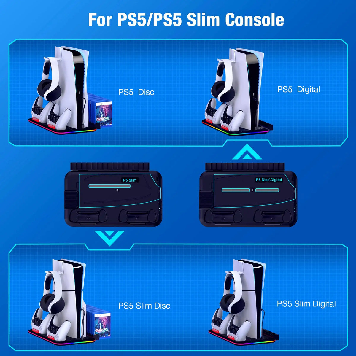 BEBONCOOL S2000 PS5 Slim Stand | 3-Gear Cooling RGB Light Dual Charger 15 Game Slot Headset Holder for Disc/Digital Pro Gaming