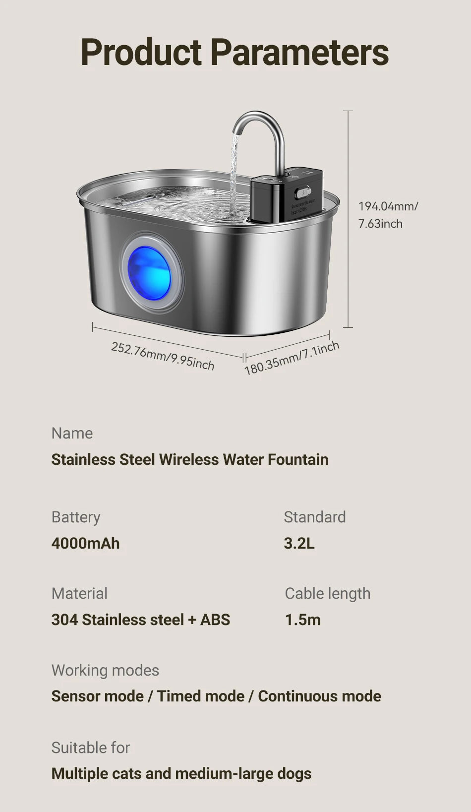 ROJECO 3.2L Stainless Steel Cat Water Fountain Wireless Sensor Smart Automatic Dog Water Dispenser Drinking Fountain 4000mAh Deals 4 U   Deals 4 U