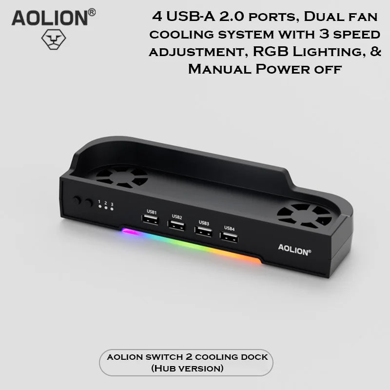 Aolion For Switch 2 Dock RGB Cooling Fan Portable HUB Expansion base Wall Mount With NGC For Switch 2 Accessories Deals 4 U   Deals 4 U