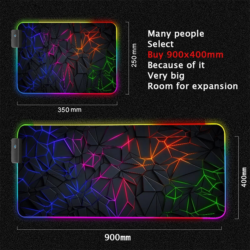 XXL RGB Gaming Mouse Pad New 3D Geometry Desk Mat HD Gamer Accessories Large LED Light Mousepads PC Computer Carpet with Backlit