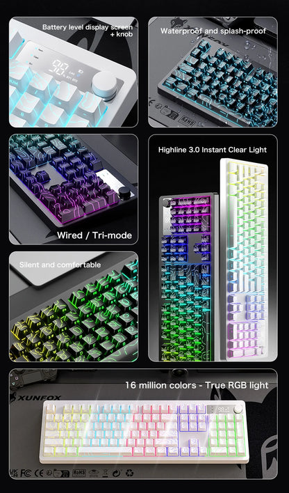 TK100 wireless Bluetooth wired triple-mode mechanical feel keyboard with high-definition display, rotary knob and RGB lighting