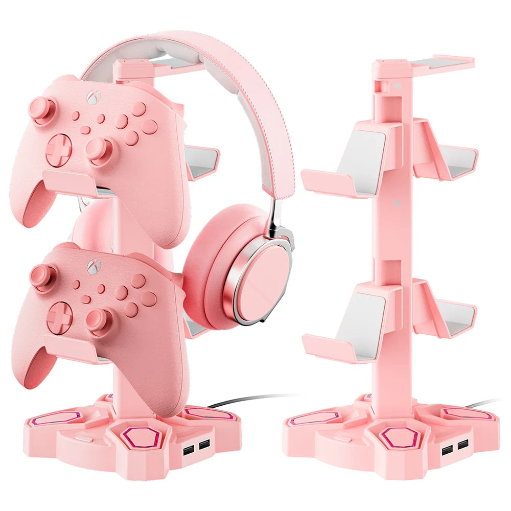 USB Hub Controller Holder Headphones Stand Rotatable Headset Stand with 9 Light Modes with 2 USB Charging Type-C Ports Deals 4 U   Deals 4 U