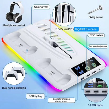 For PS5 Slim/PS5 Stand Cooling Holder & Controller Charging Station With Headphone Hook RGB Light 3 Levels Cooling Fan For PS5