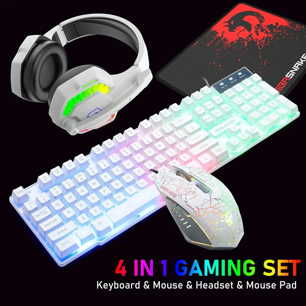 MAMBASNAKE T11 UK 100% Gaming Keyboard&Mouse&Headset&Mouse Pad Combo Set Rainbow Backlit Keyboard, 2400DPI 4 Buttons USB Wired Deals 4 U  Gaming Accessories Deals 4 U