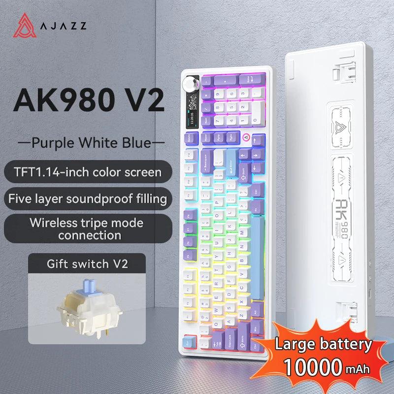 AJAZZ AK980 V2 PRO 98% Gasket Mechanical Keyboard, Hot-Swappable, 10000mAh, TFT Screen & Knob, 8K Polling Rate, RGB Backlit