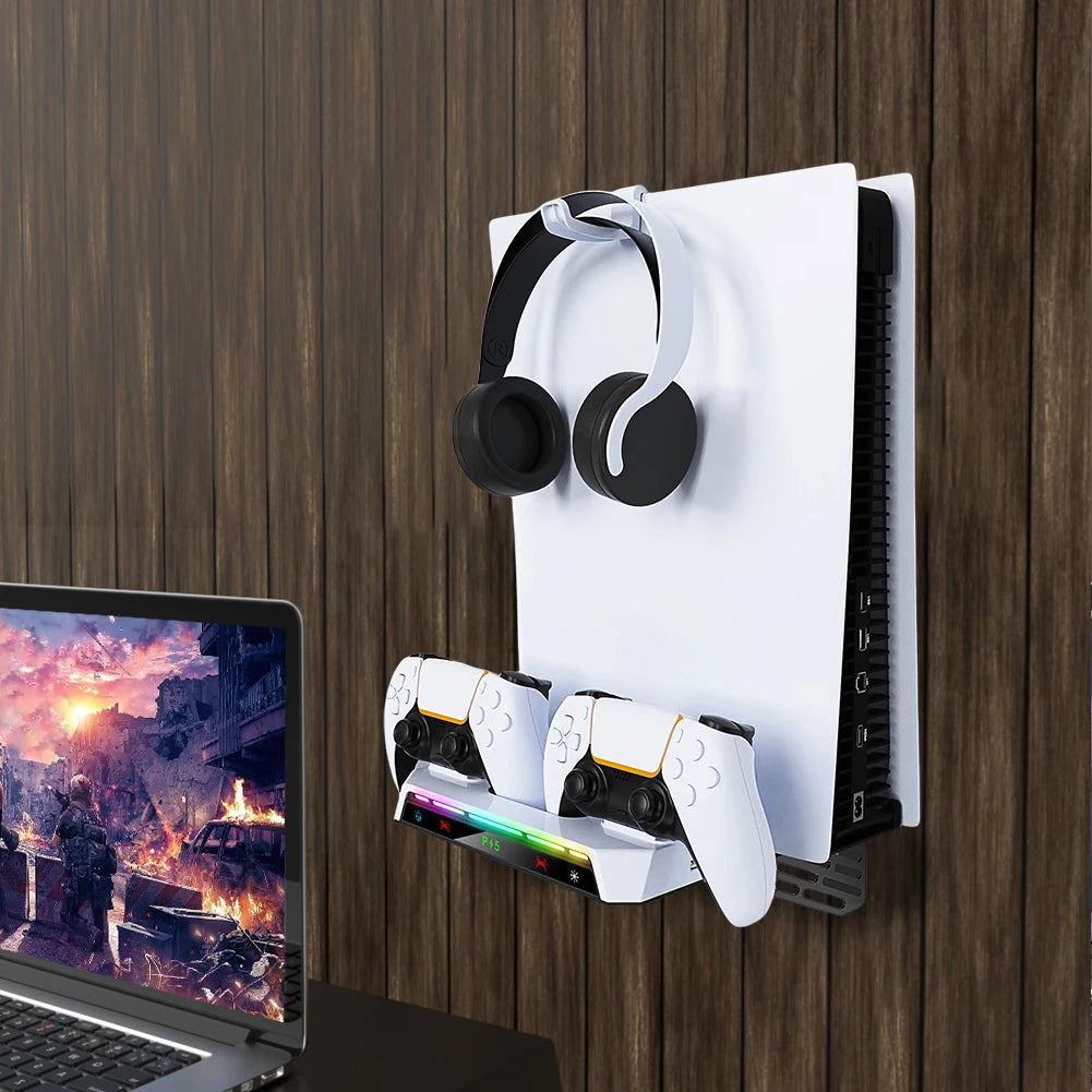 For PS5/PS5 Slim Wall Mount Kit With Dual Controller Charging Station Controller Headset Holder For Playstation 5 Accessories Deals 4 U   Deals 4 U