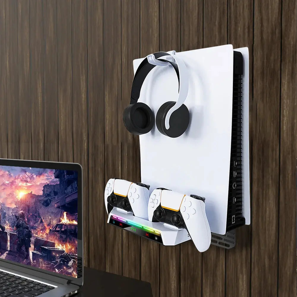 For PS5/PS5 Slim Wall Mount Kit With Dual Controller Charging Station Controller Headset Holder For Playstation 5 Accessories Deals 4 U  Console Accessories Deals 4 U