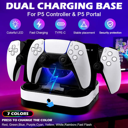 NEW For PS5 Controller Charger Stand LED Indicator & RGB Light Dual Charging Dock for PS5 Controller & PS Portal Games Accessori