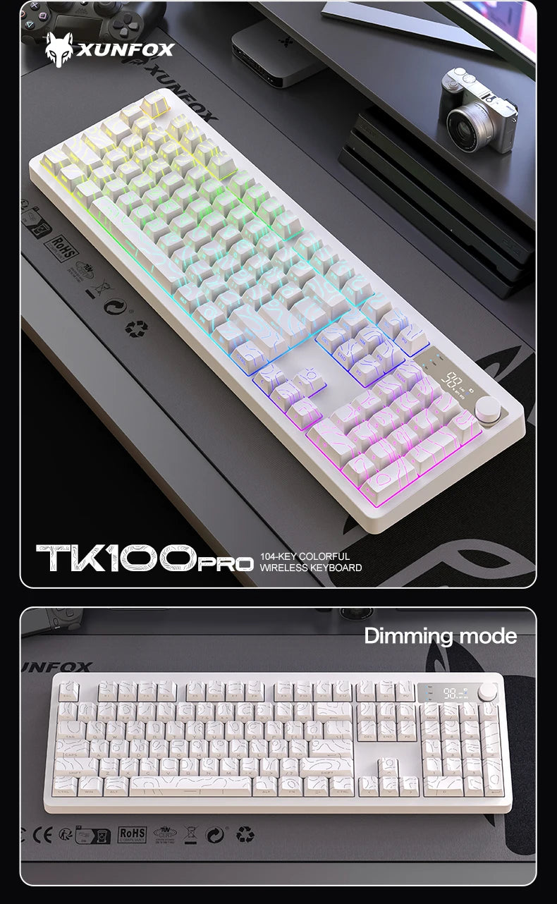 TK100 wireless Bluetooth wired triple-mode mechanical feel keyboard with high-definition display, rotary knob and RGB lighting