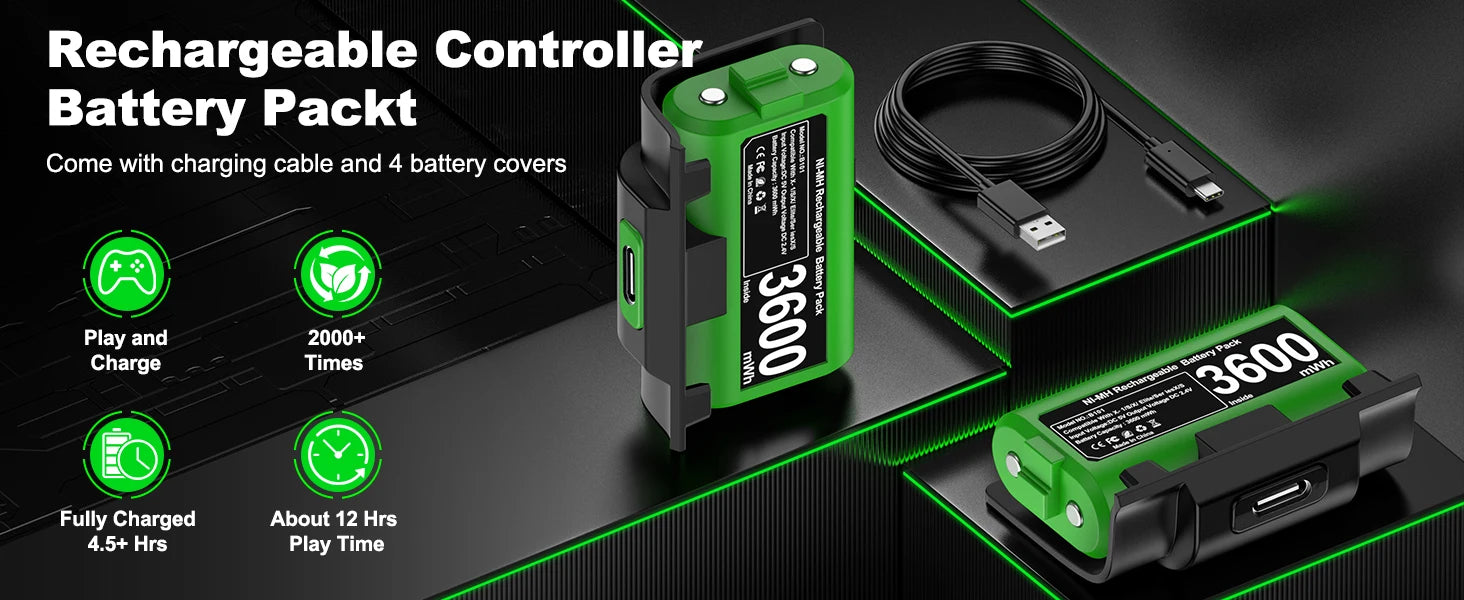 BEBONCOOL  2*4800mWh Rechargeable Battery For Xbox One Controller  Battery For Xbox Series X/S Gamepad Charger With Type-C Cable Deals 4 U   Deals 4 U