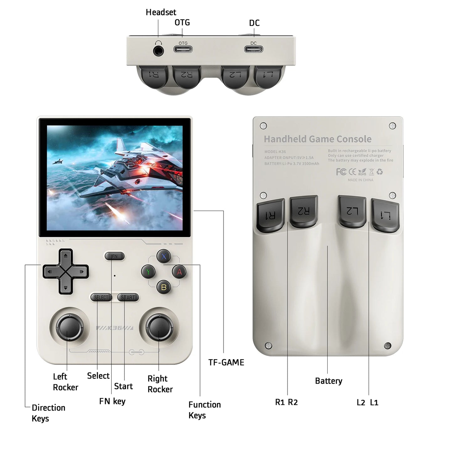 GAMINJA K36 Handheld Game Console 3.5Inch IPS 640x480 Screen Built in 64GB Simulator Games Portable Handheld Game Console