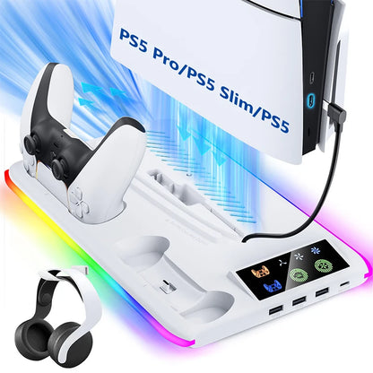 For PS5 Slim/PS5 Stand Cooling Holder & Controller Charging Station With Headphone Hook RGB Light 3 Levels Cooling Fan For PS5