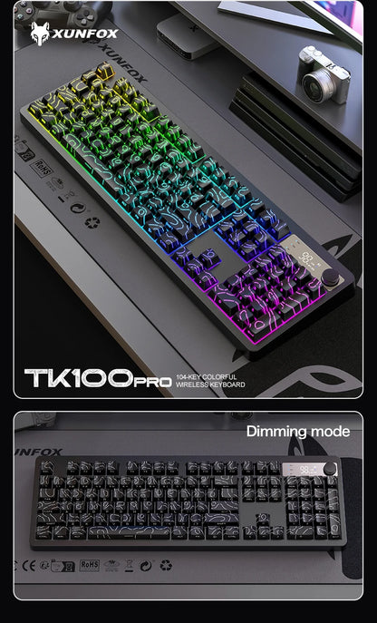 TK100 wireless Bluetooth wired triple-mode mechanical feel keyboard with high-definition display, rotary knob and RGB lighting
