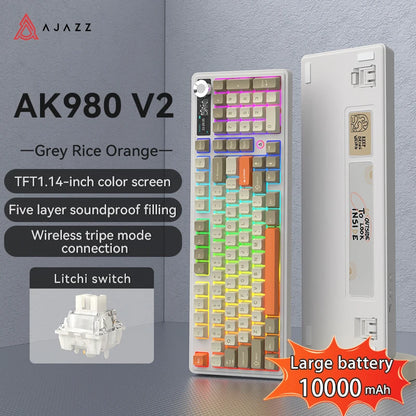 AJAZZ AK980 V2 PRO 98% Gasket Mechanical Keyboard, Hot-Swappable, 10000mAh, TFT Screen & Knob, 8K Polling Rate, RGB Backlit