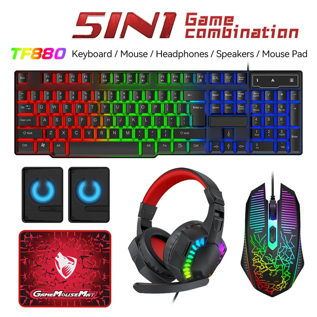 5-in-1 Set Gaming Combo Keyboard 4-color Breathing Light Mouse 3.5mm Gaming Headset Gaming Speaker Anti-slip Mouse Pad NEW HOT Deals 4 U  Gaming Accessories Deals 4 U