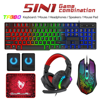 5-in-1 Set Gaming Combo Keyboard 4-color Breathing Light Mouse 3.5mm Gaming Headset Gaming Speaker Anti-slip Mouse Pad NEW HOT Deals 4 U  Gaming Accessories Deals 4 U