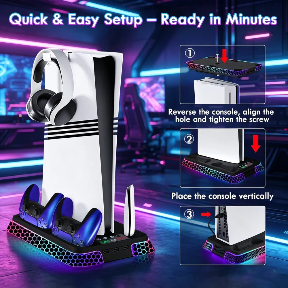 For PS5/PS5 Slim/PS5 Pro All-in-One Cooling Stand Base Model with RGB Lighting Effects Storage Function game Controller base