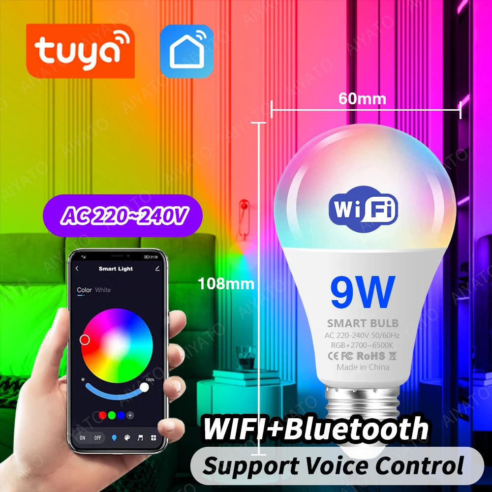 Tuya WIFI Bluetooth LED Bulb Smart Life APP Control Dimmable 9W 18W E27 220V RGB+CW+WW Color Change Lamps Compatible IOS/Android Deals 4 U   Deals 4 U