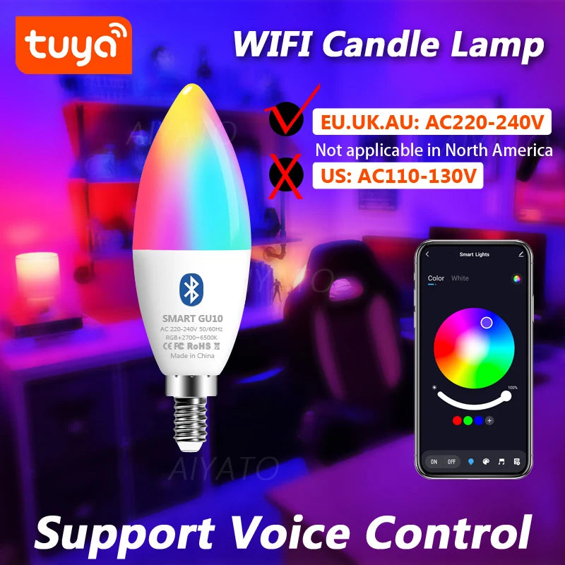 Tuya E14 Candle Lamps APP Control Smart Bulb Bluetooth WIFI RGB 220V LED Light Dimmable Smart Life Room Home Group Crystal Lamps Deals 4 U   Deals 4 U