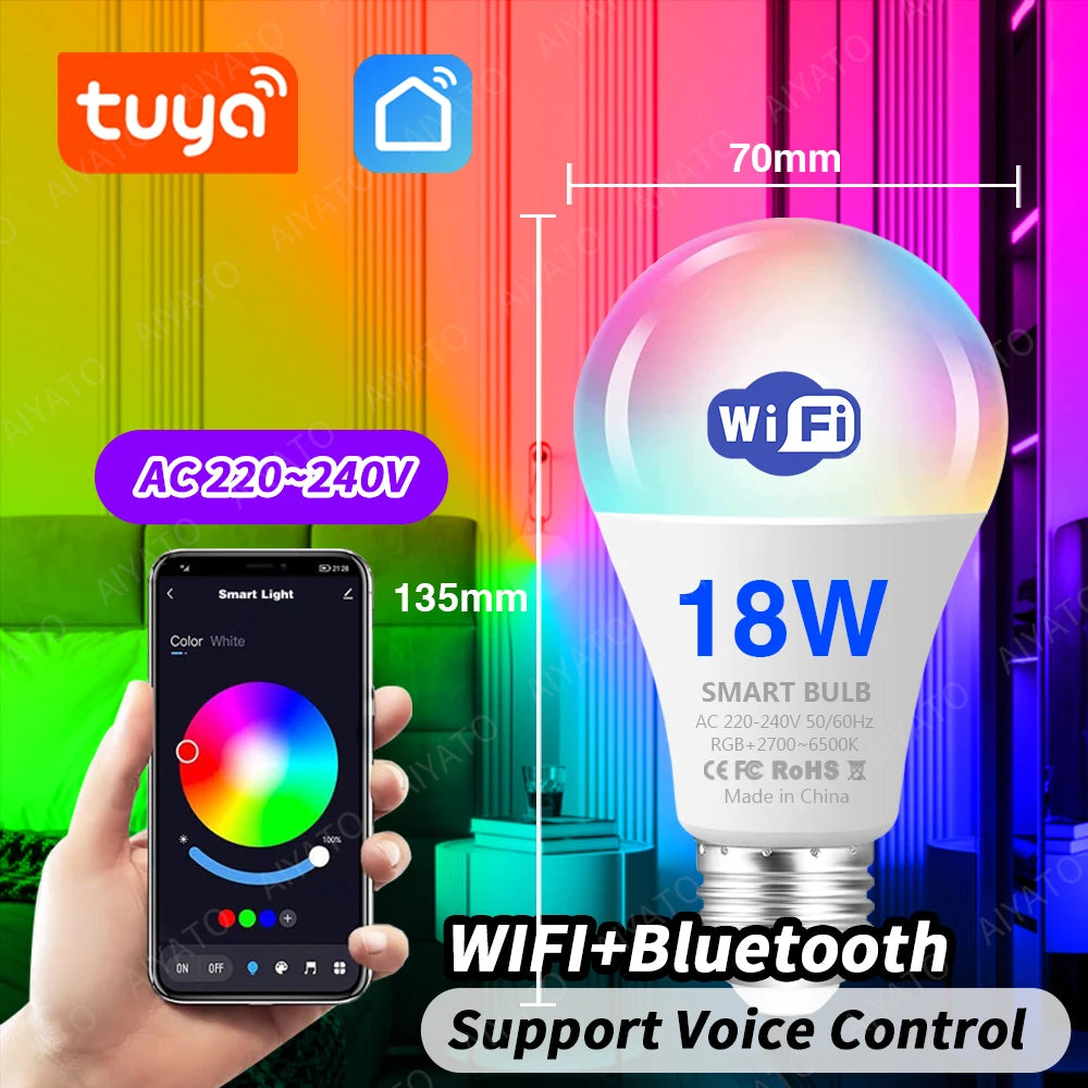 Tuya WIFI Bluetooth LED Bulb Smart Life APP Control Dimmable 9W 18W E27 220V RGB+CW+WW Color Change Lamps Compatible IOS/Android Deals 4 U   Deals 4 U
