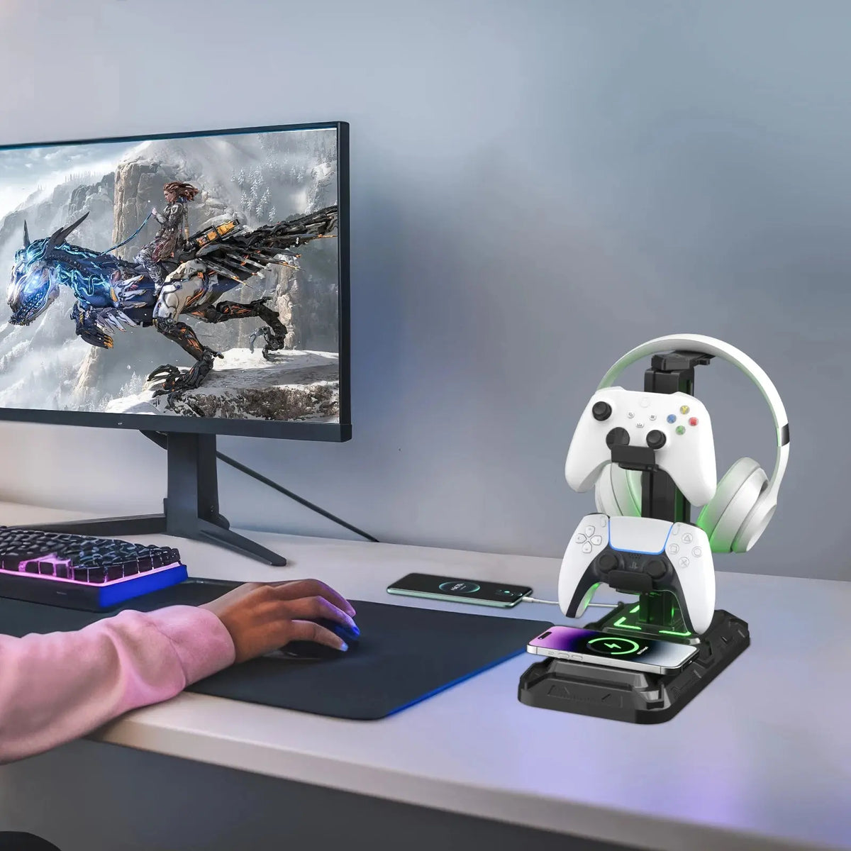 Headphone & Controller Stand with Wireless Charging Rotatable Headset Stand with 9 Light Modes Controller Holder with EU plug Deals 4 U  Gaming Accessories Deals 4 U