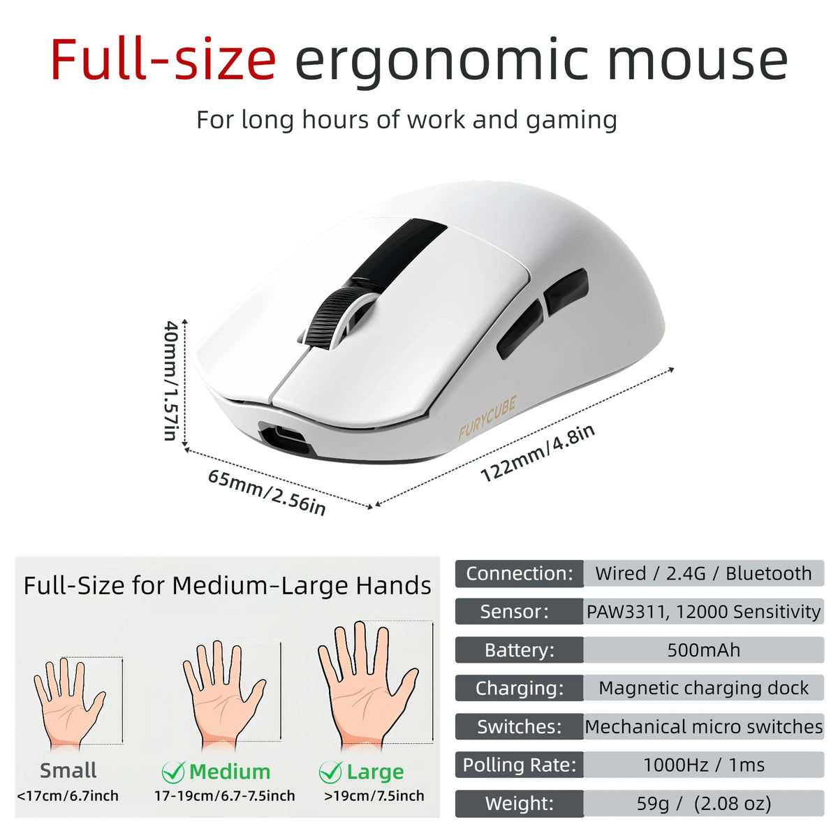 Ultra Light Gaming Mouse Wireless 59g 12000DPI 3-Mode Connection PAW3311 Sensor RGB Base Station Smart Display Professional Mouse Gamer