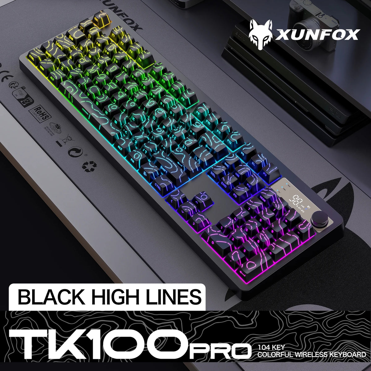 TK100 wireless Bluetooth wired triple-mode mechanical feel keyboard with high-definition display, rotary knob and RGB lighting