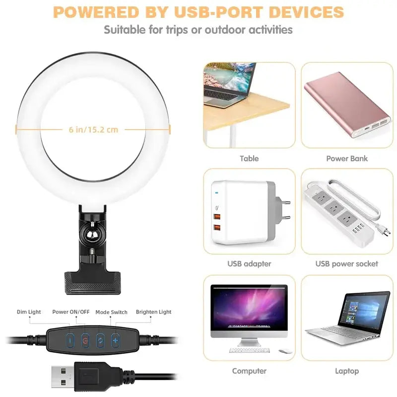 Clip-on ring light lighting kit, phone selfie light, 3-stop webcam, photography accessories, auto projection, 6-inch fill light Deals 4 U  Streaming Equipment Deals 4 U