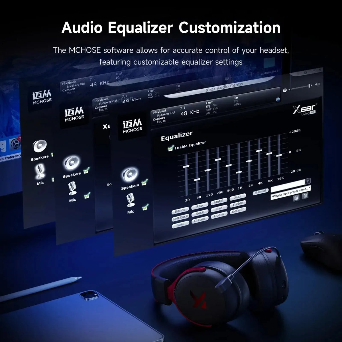 MCHOSE V9 Pro Wireless Headset 7.1 Surround Sound 53mm Gaming Headphones Noise Canceling Mic Low Latency Lightweight for PS5 PC SWITCH with Microphone