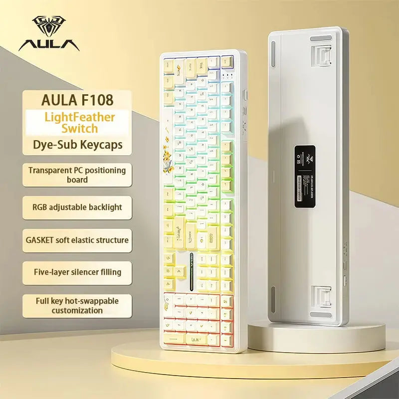AULA F108Pro/F108 Wireless Bluetooth tri-mode connection, multi-functional display, Gasket structure, RGB lighting effects Deals 4 U  Streaming Equipment Deals 4 U