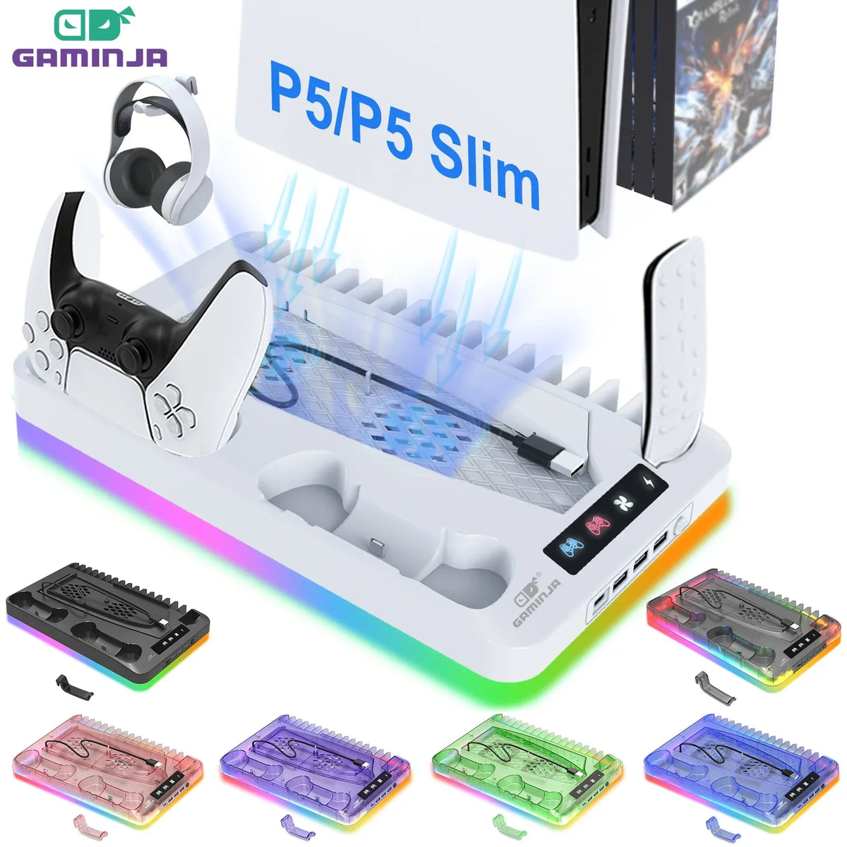 GAMINJA P58 RGB Cooling Stand For PS5 Slim Console Gamepad Charging Base Headset Hook Game CD Storage Rack For PS5 Disc&Digital