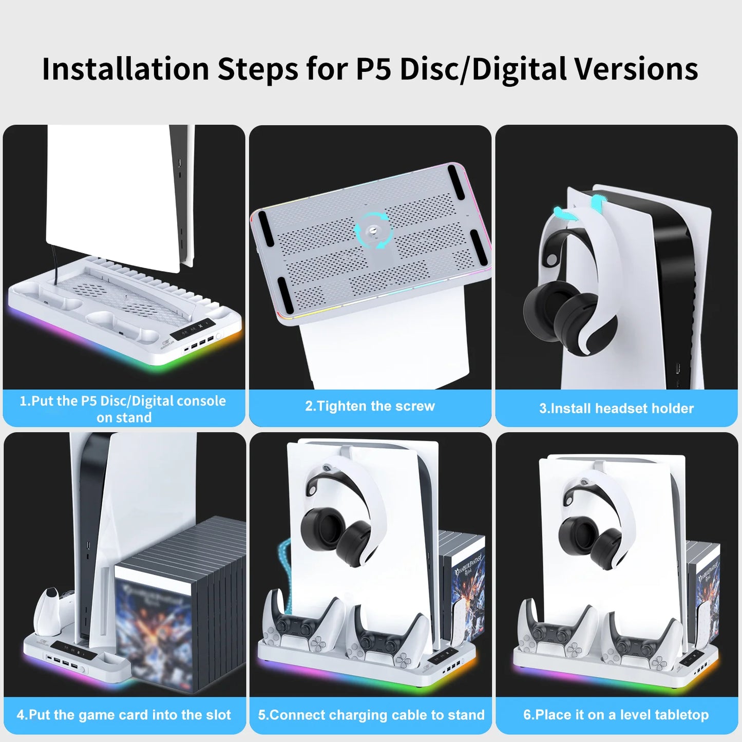 GAMINJA P58 Cooling Stand For PS5 RGB Charging Base Dual-Controller Charging Station Dual-Controller Charger For PS5 Accessories