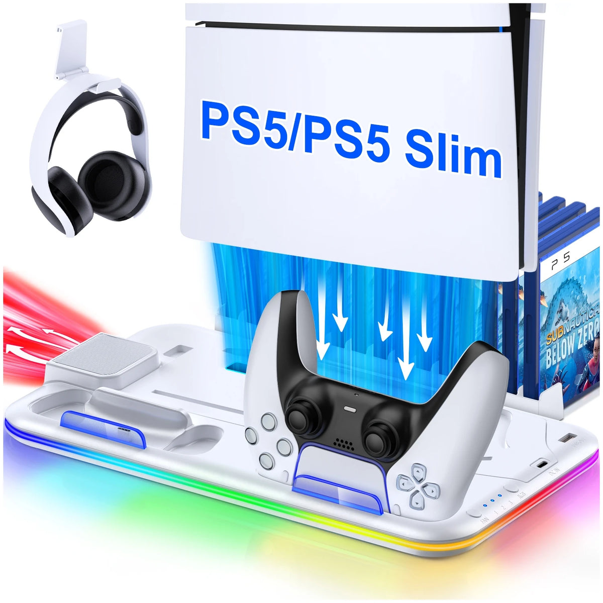 BEBONCOOL S2000 PS5 Slim Stand | 3-Gear Cooling RGB Light Dual Charger 15 Game Slot Headset Holder for Disc/Digital Pro Gaming
