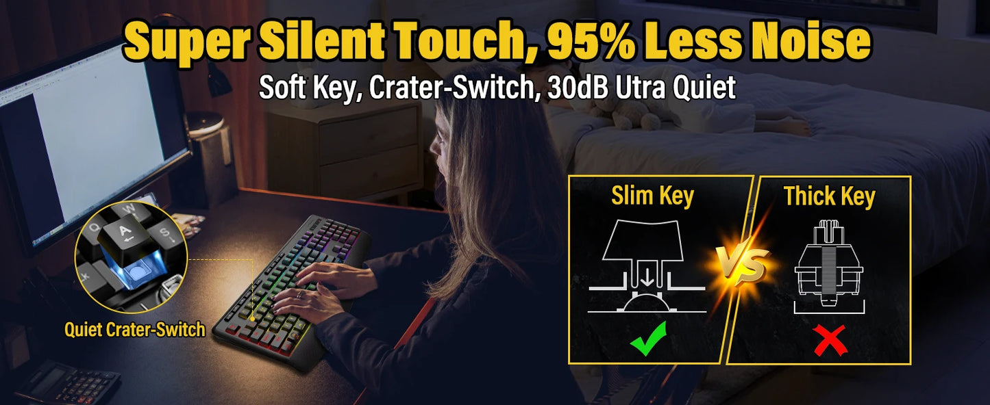 FocusOnPC K787 2.4G Tri-Mode Wireless Gaming Keyboard, 104 Keys RGB Backlit, Ergonomic USB-C Plug-and-Play Keyboard, 1900mAh Battery, Auto Sleep & Low Battery Alert, Silent Typing for Game
