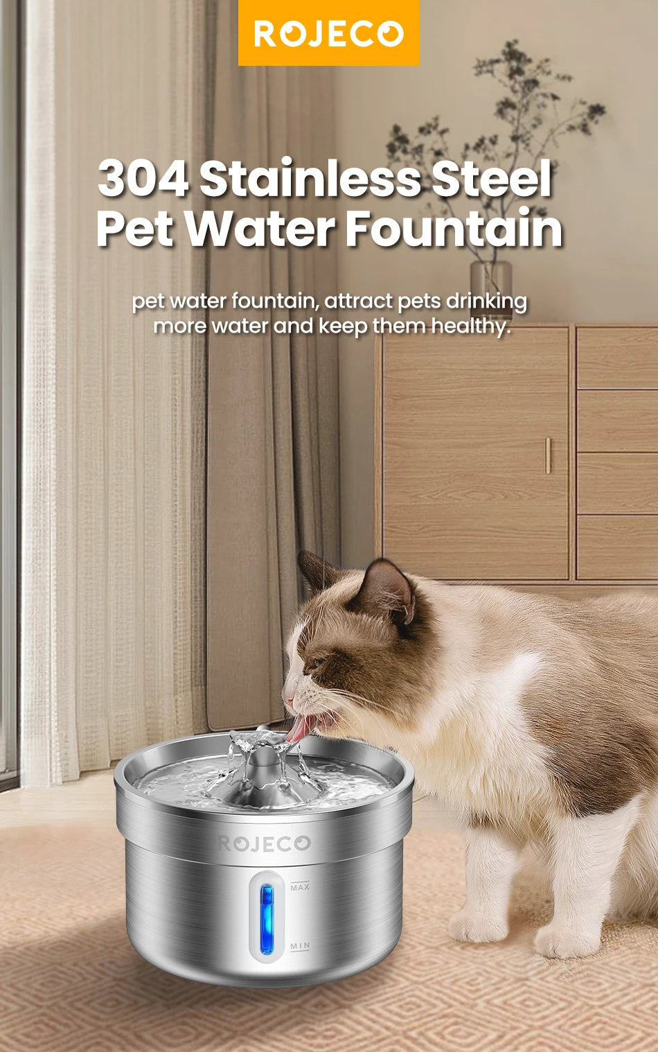 ROJECO Stainless Steel Pet Drinking Fountain Automatic Cat Water Fountain Smart Pet Water Dispenser for Dog Cat Drinking Supply Deals 4 U   Deals 4 U