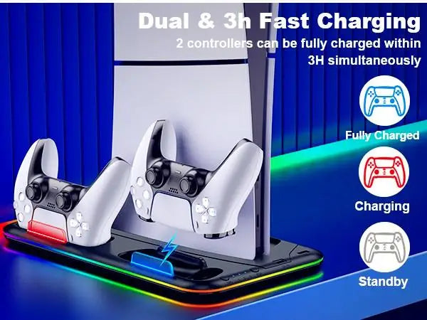 BEBONCOOL S2000 PS5 Slim Stand | 3-Gear Cooling RGB Light Dual Charger 15 Game Slot Headset Holder for Disc/Digital Pro Gaming