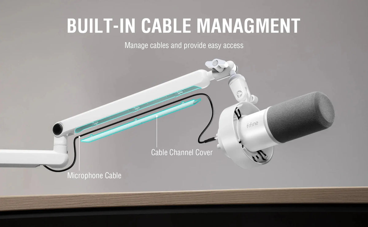 FIFINE Microphone Boom Arm, Adjustable Low Profile Mic Arm with Desk Mount Clamp,Cable Storage for Streaming Gaming-White BM88W Deals 4 U  Streaming Equipment Deals 4 U