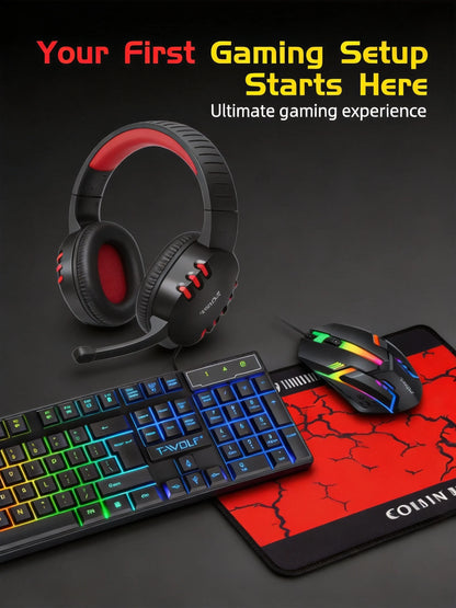 T-WOLF RGB Gaming Keyboard Mouse Headset Mousepad 4 in 1 Combo Wired Mechanical Feel LED Backlit Set for PC Desktop Laptop Gift