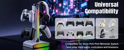RGB Game Controller Holder Rack with 7 Light Modes, Headphone Stand 2 USB Charging and 1 Type-C for PS5/PS4/Xbox/Switch Pro