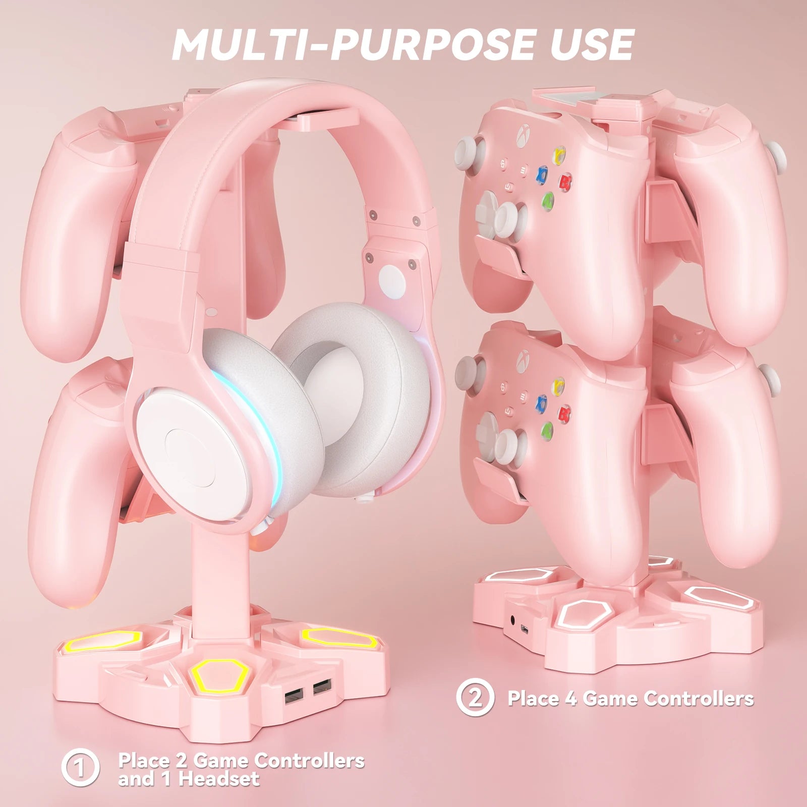 USB Hub Controller Holder Headphones Stand Rotatable Headset Stand with 9 Light Modes with 2 USB Charging Type-C Ports Deals 4 U   Deals 4 U