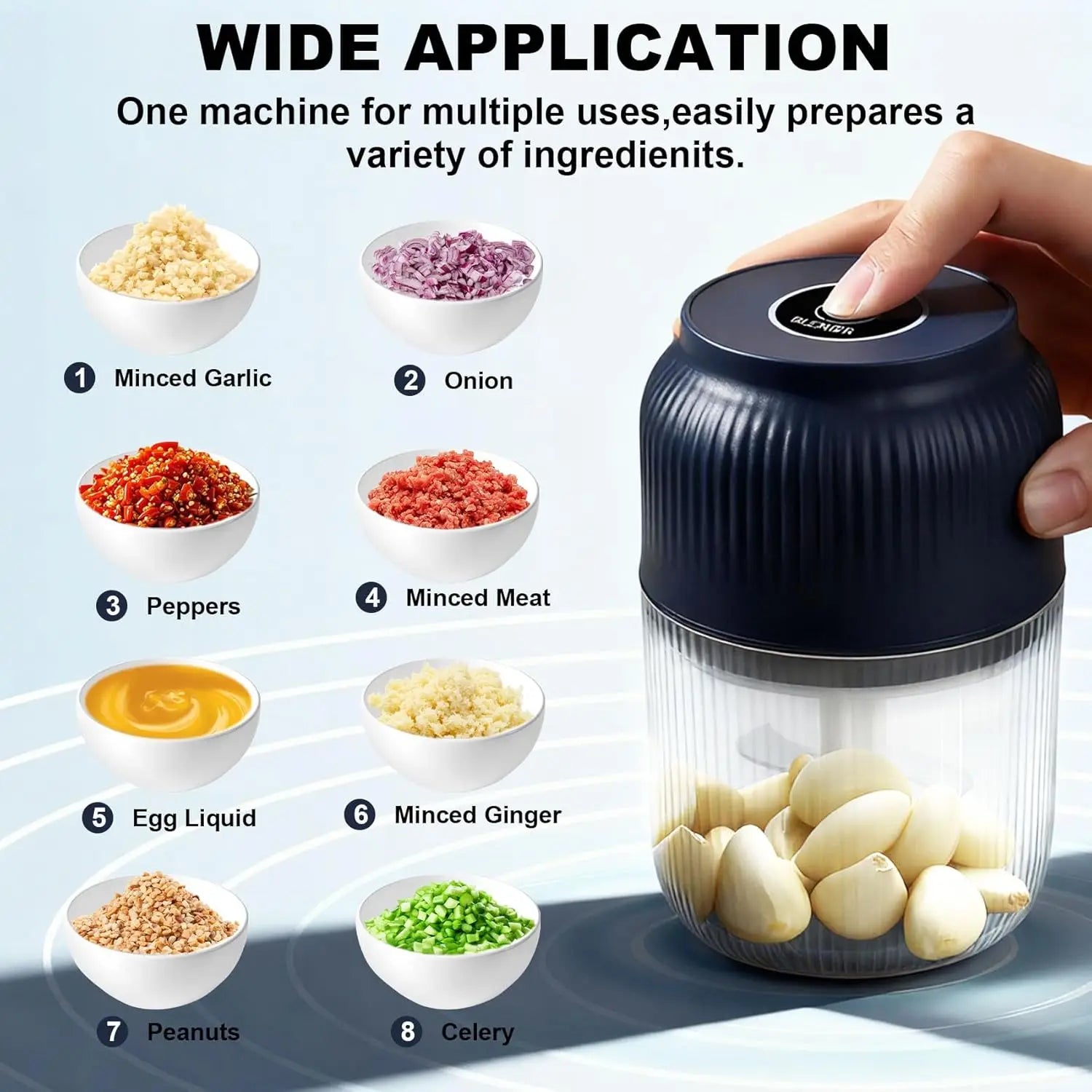 300ml Capacity Electric Garlic Chopper, Mini Portable Veggie Cutter, 4 Sharp Stainless Steel Blades Mini Electric Food Chopper, Compact Size, Easy to Clean, One-Touch Operation (Blue) Deals 4 U  Smart Home Gadget Deals 4 U