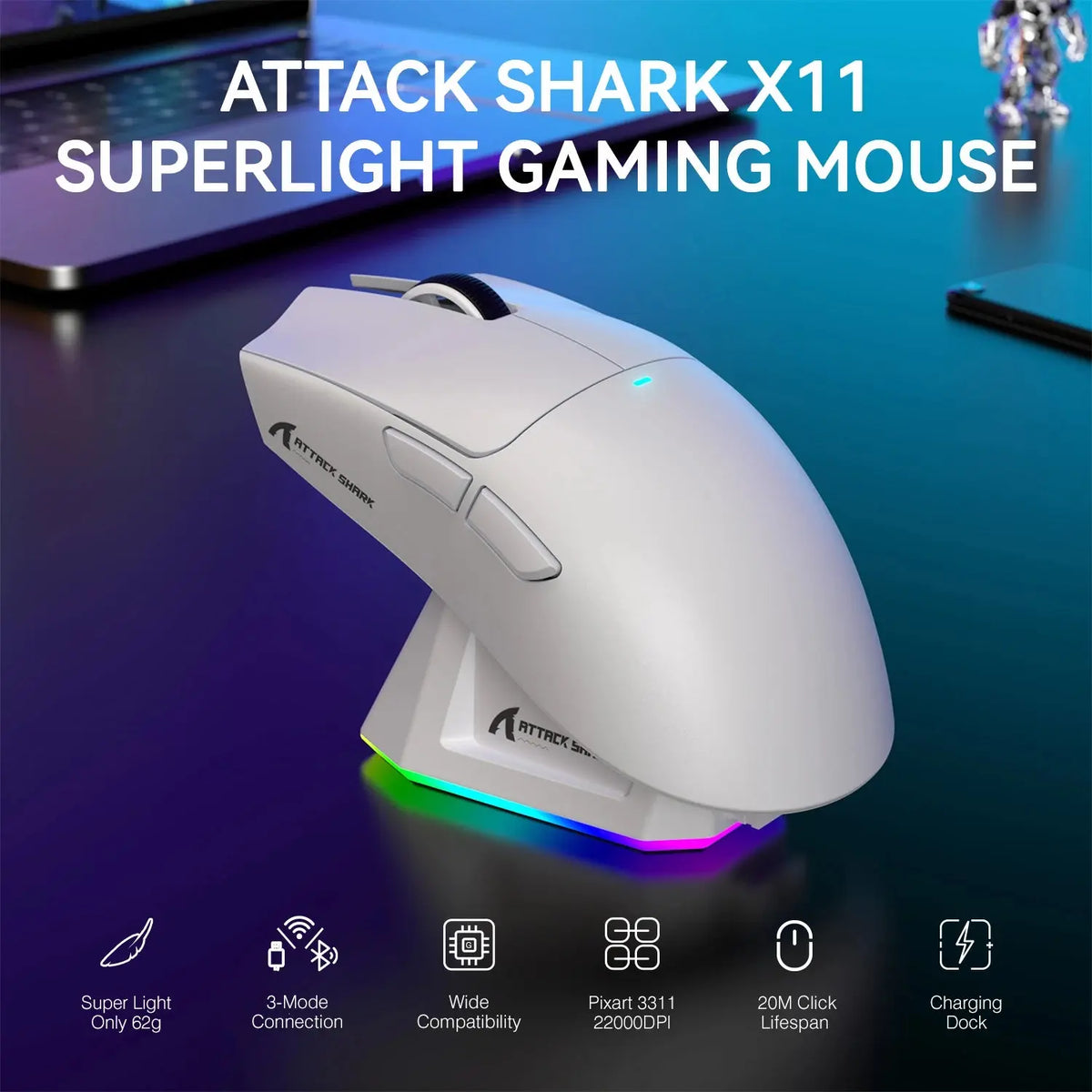 ATTACK SHARK X11 Lightweight Wireless Gaming Mouse with RGB Backlight Charging, Up to 22K DPI, PAW3311 Optical Sensor, HUYU Swit Deals 4 U  Gaming Accessories Deals 4 U