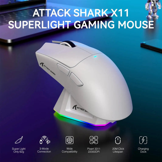ATTACK SHARK X11 Lightweight Wireless Gaming Mouse with RGB Backlight Charging, Up to 22K DPI, PAW3311 Optical Sensor, HUYU Swit Deals 4 U  Gaming Accessories Deals 4 U