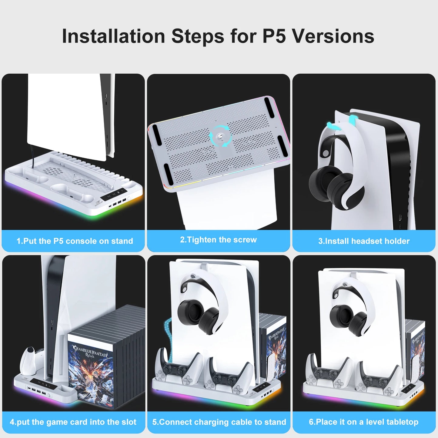 GAMINJA P58 RGB Cooling Stand For PS5 Slim Console Gamepad Charging Base Headset Hook Game CD Storage Rack For PS5 Disc&Digital