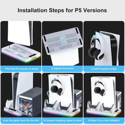 GAMINJA P58 RGB Cooling Stand For PS5 Slim Console Gamepad Charging Base Headset Hook Game CD Storage Rack For PS5 Disc&Digital