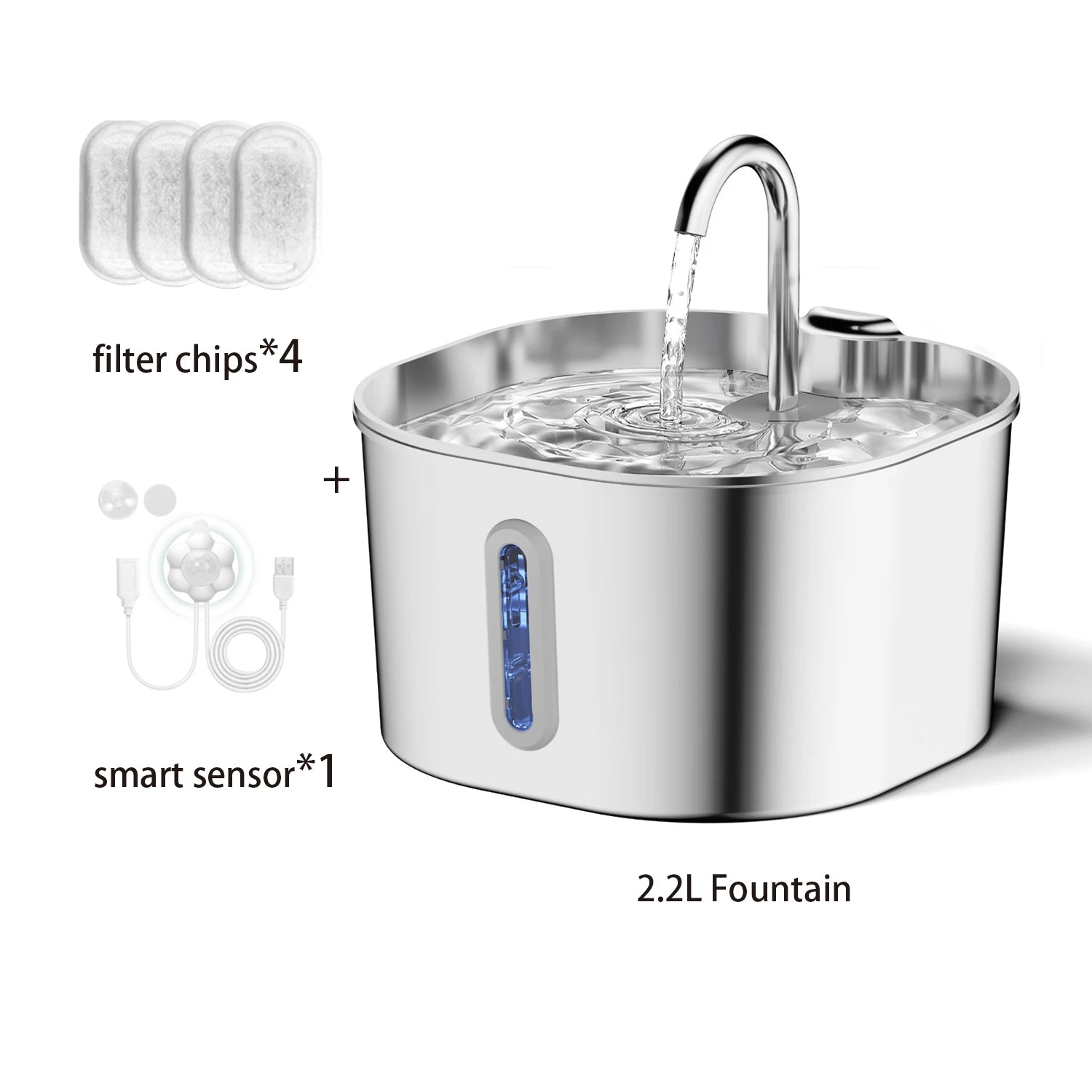 ZYFeeder 2.2L Automatic Cat Water Fountain Square Stainless Steel Pet Water Feeder Dog Water Fountain with window（No 5V 1A Plug） Deals 4 U   Deals 4 U